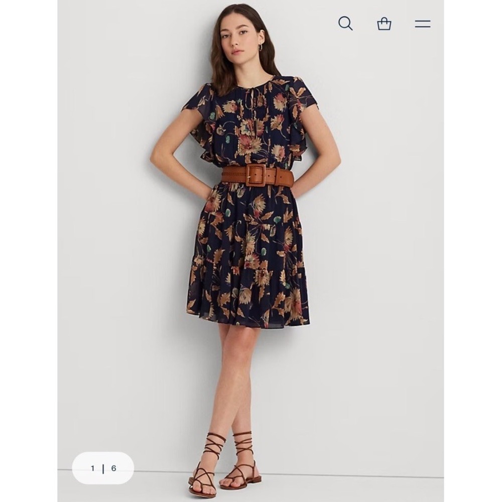 Lauren Ralph Lauren Floral Crinkle Georgette Tie Neck Dress Sz 14 - Picture 2 of 11